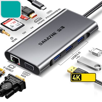 Type-C დოკ სადგური 10-in-1 SAMZHE (TC-DK) | Gigabit Ethernet*1, VGAinterface*1 ,USB3.0*3, 3.0mm Audio port*1 , SDCard*1 , TFCard*1 ,HDMI interface*1, Type-Cinterface*1 | 4k60Hz