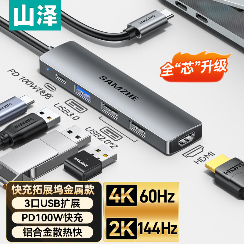 Type-C დოკ სადგური  to 1x TYPE-C, 1x USB-A 3.2Gen1, 2 x USB-A 2.0, 1 x HDMI  SAMZHE 0.15m (DKK5) | USB 3.2Gen1rate 5Gbps, USB2.0 rate 480Mbps, HDMI support 4K60Hz , 2K120Hz