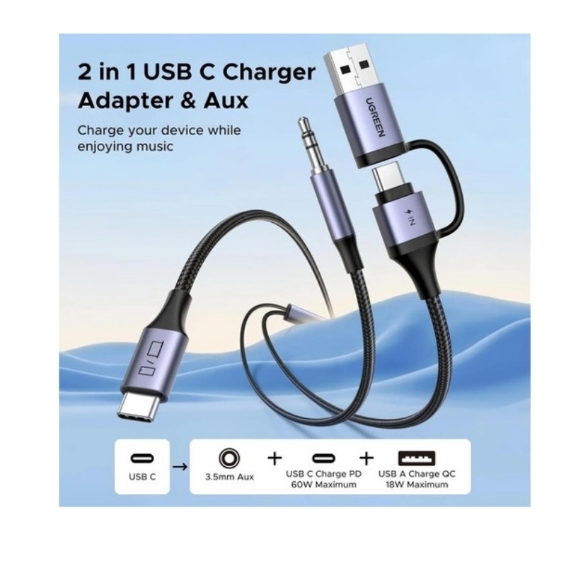 აუდიო ადაპტერი და დამტენი UGREEN CM772 (45009), 60W, 2-in-1 Audio Charger Adapter And AUX, 1.5m, Black/Grey