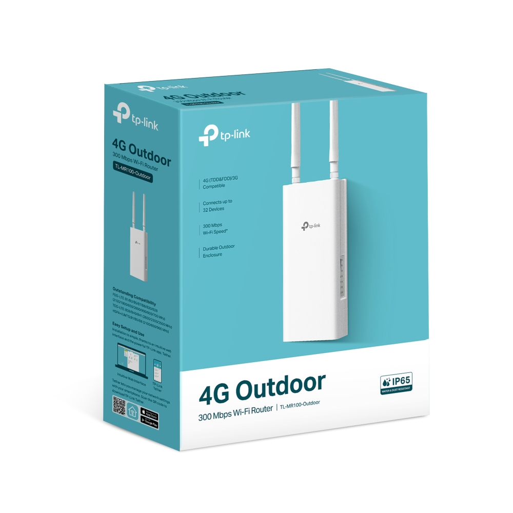 4G როუტერი Tp-Link TL-MR100-Outdoor 4G 300 Mbps Wi-Fi Outdoor Router | LTE up to 150 Mbps and Wi-Fi up to 300 Mbps on 2.4 GHz | Supports 802.3af and passive PoE | მოყვება PoE Adapter + AC Power Cord