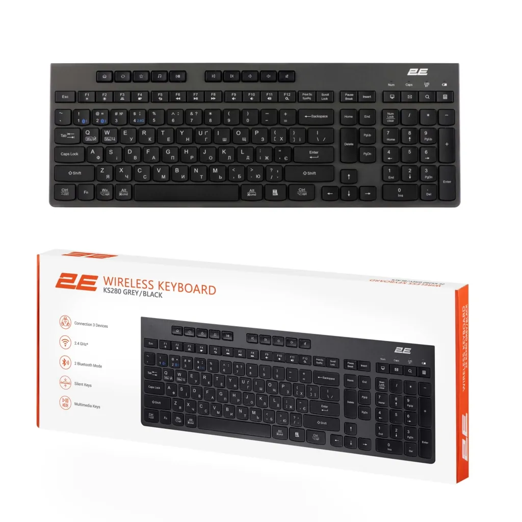 უსადენო კლავიატურა 2E Keyboard membrane KS280 120key, WL/BT, EN/UK, silent, black-grey (2E-KS280WBGR_UA)