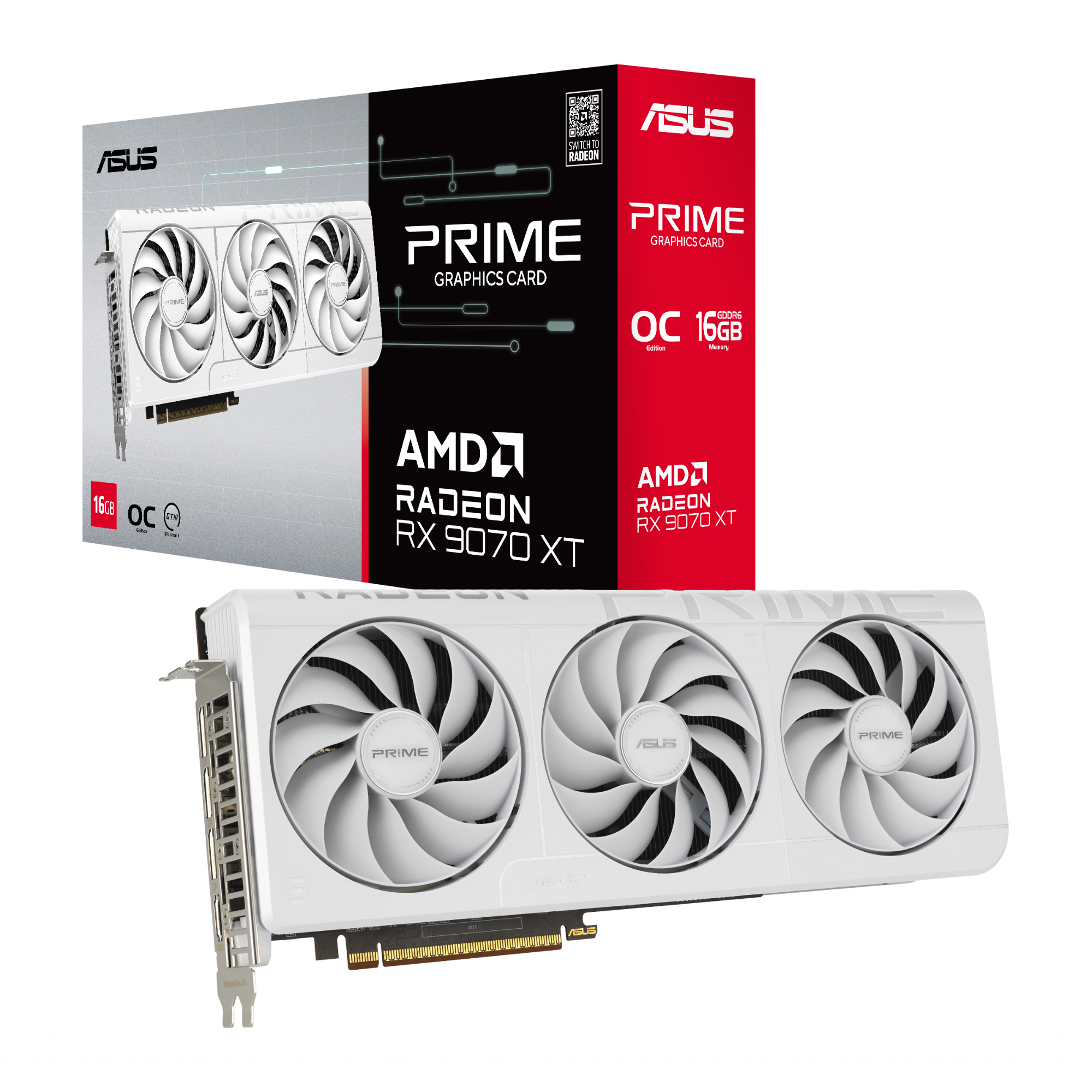 ვიდეო ბარათი ASUS Prime Radeon™ RX 9070 XT White OC Edition 16GB GDDR6 (90YV0L75-M0NA00) | up to 3030 MHz (Boost Clock)/up to 2480 MHz (Game Clock) | 1 (Native HDMI 2.1b)  x 3 (Native DisplayPort 2.1a) | 312 x 130 x 50 mm