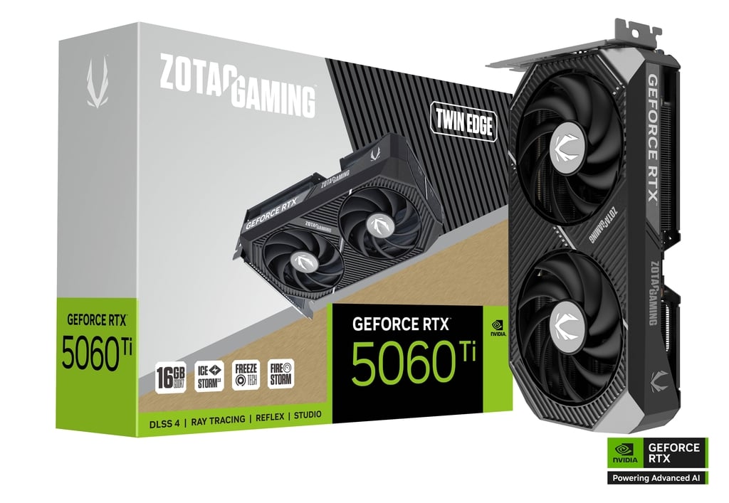 ვიდეო ბარათი ZOTAC GAMING GeForce RTX 5060 Ti 16GB Twin Edge 16GB GDDR7 (ZT-B50620E-10M) | 2572 MHz | 3 x DisplayPort 2.1b 1 x HDMI® | 220.5mm x 120.25mm x 41.6mm