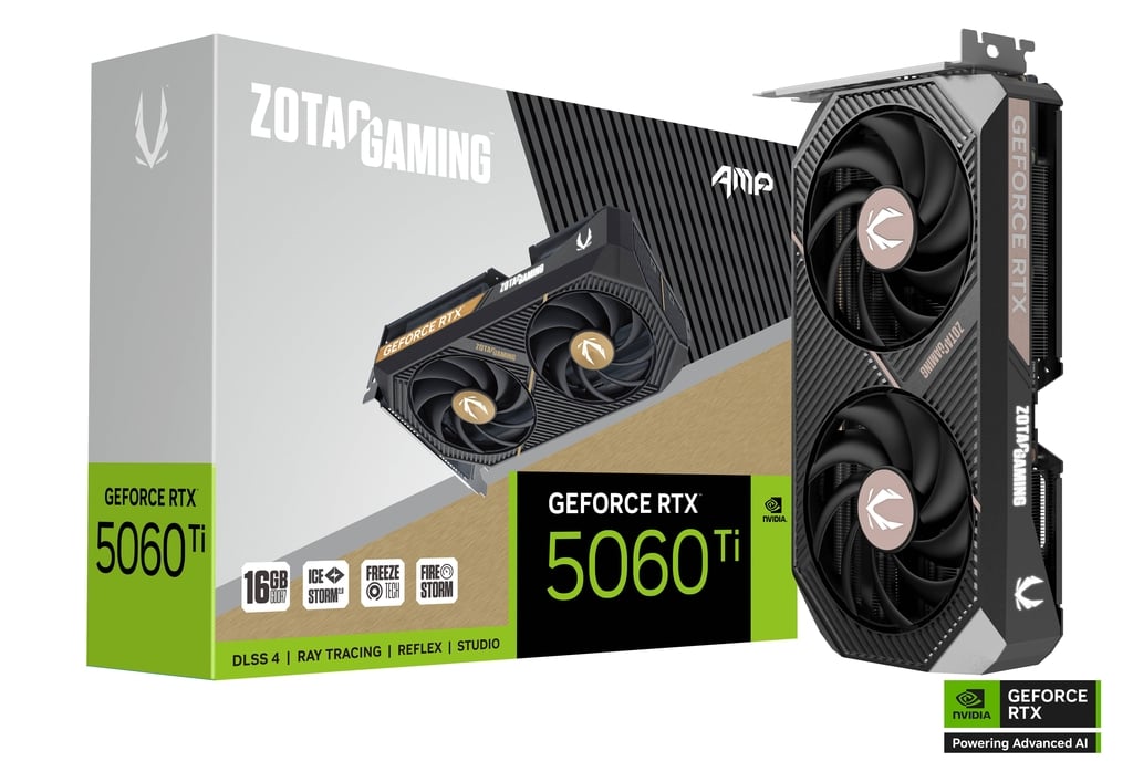 ვიდეო ბარათი ZOTAC GAMING GeForce RTX 5060 Ti 16GB AMP 16GB GDDR7 (ZT-B50620F-10M) | 2632 MHz | 3 x DisplayPort 2.1b 1 x HDMI® | 220.5mm x 120.25mm x 41.6mm