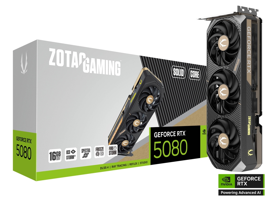 ვიდეო ბარათი ZOTAC GAMING GeForce RTX 5080 SOLID CORE 16GB GDDR7 (ZT-B50800D2-10P) | 2617 MHz | 3 x DisplayPort 2.1b 1 x HDMI® | 303.5mm x 115.8mm x 55.7mm