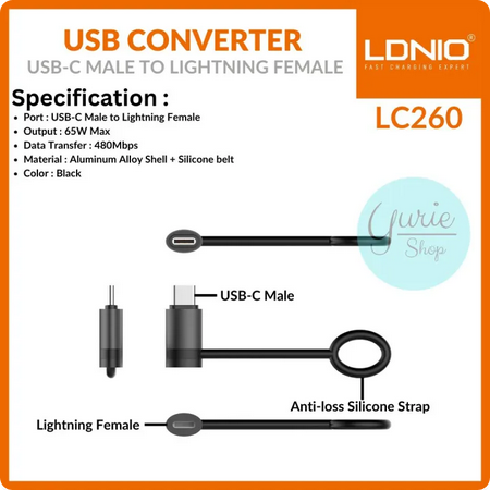 გადამყვანი ადაპტერი Type-C to Lightning LDNIO (Model: LC260) USB Convertor  PD65W USB-C Male To Lightning Female Fast Charging Adapter   (EAN: 6933138603659)