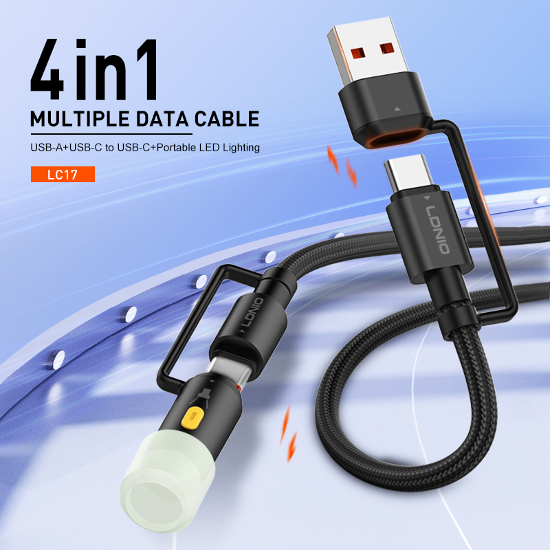 დამტენი კაბელი სანათით Type-C/Type-A LDNIO 1.2m (Model: LC17) 4 In 1 Multiple Data Cable USB-A+USB-C to USB-C+LED Lighting (EAN: 6933138602867)