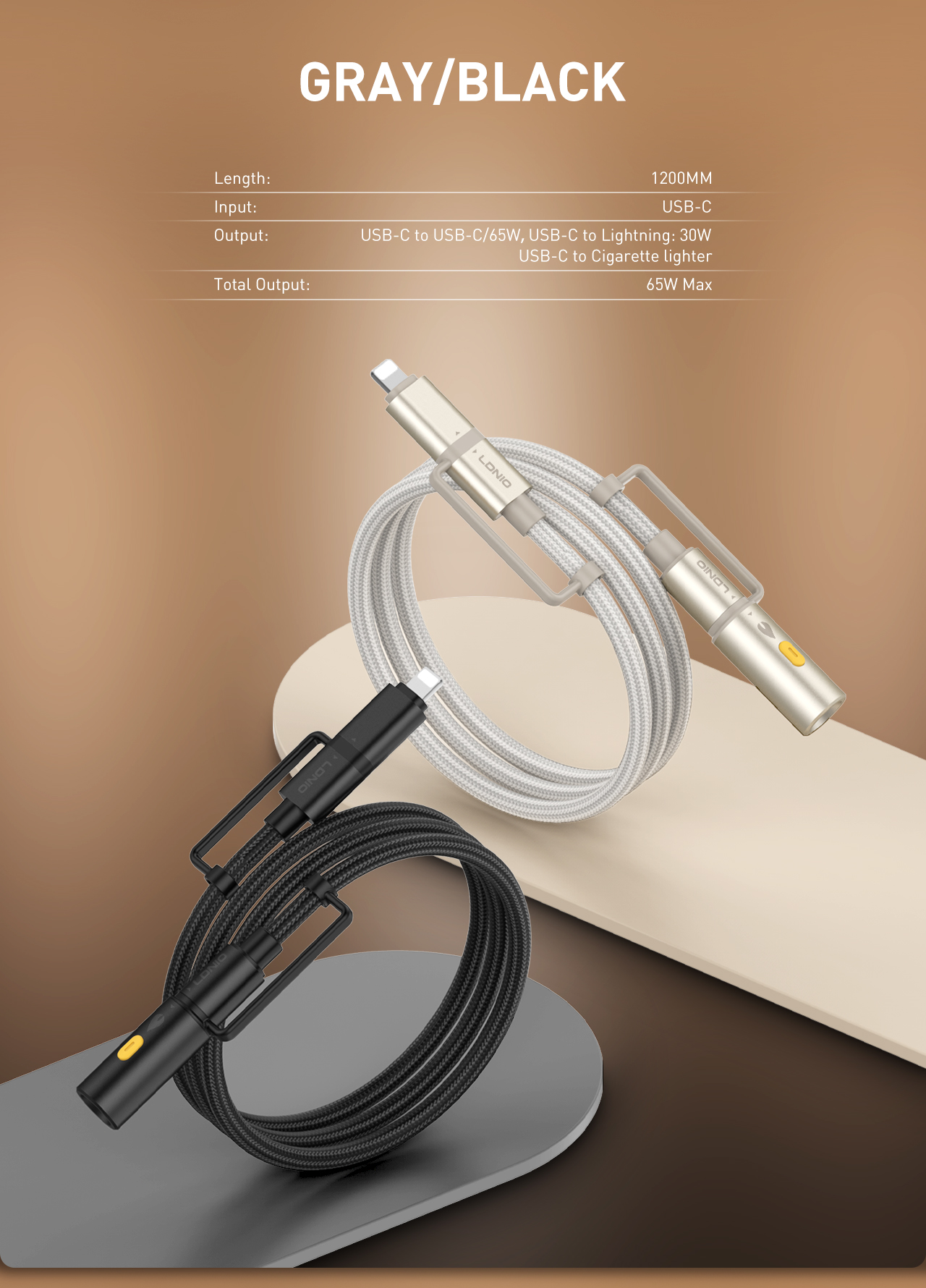 დამტენი კაბელი Type-C LDNIO 1.2m (Model: LC20) 4 In 1 Multiple Data Cable USB-C to USB-C+Lightning+Cigarette Lighter (EAN: 6933138602898)