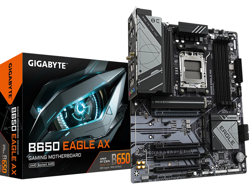 დედა დაფა Gigabyte B650 EAGLE AX ATX, socket AM5, AMD B650 chipset, 4xDDR5, PCI-E 4.0, 3xM.2, network: 1 Gbps, Wi-Fi, Bluetooth, HDMI, DisplayPort