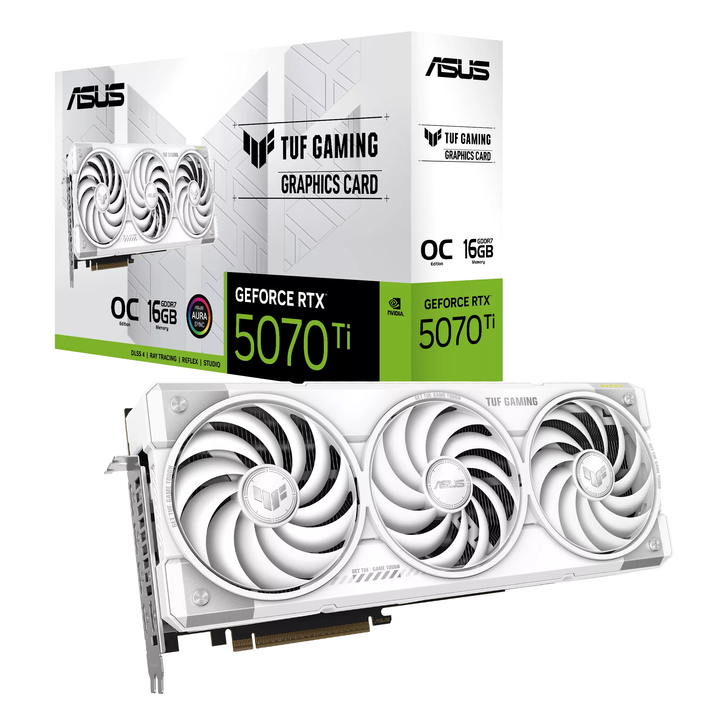 ვიდეო ბარათი AASUS TUF Gaming OC White 16Gb GeForce RTX 5070 Ti (TUF-RTX5070TI-O16G-WHITE-GAMING) PCI-E 5.0, core - 2295 MHz, Boost - 2588MHz, 16 GB of GDDR7 28000 memoryMHz, 256 bit, 2xHDMI, 3xDisplayPort, backlight, length 329 mm, 90YV0MD3-M0NA00