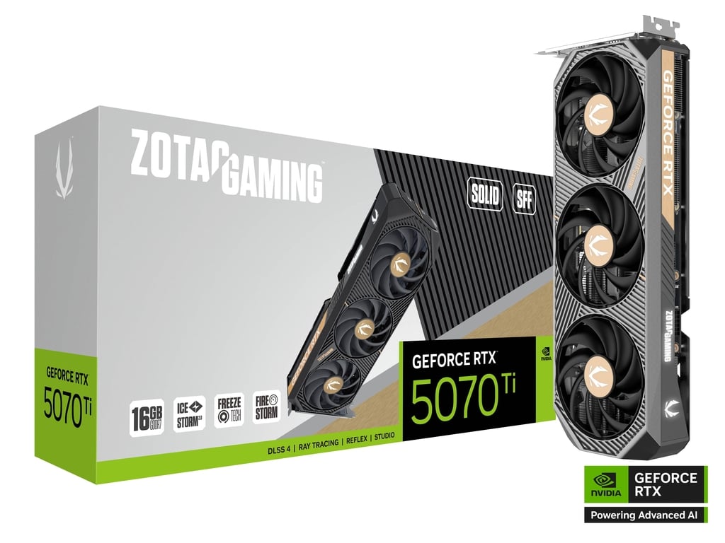 ვიდეო ბარათი Zotac SOLID SFF OC 16Gb GeForce RTX 5070 Ti (ZT-B50710J3-10P) PCI-E 5.0, core - 2300 MHz, Boost - 2482MHz, 16 GB of GDDR7 28000 memoryMHz, 256 bit, HDMI, 3xDisplayPort, backlight, length 304 mm, Retail