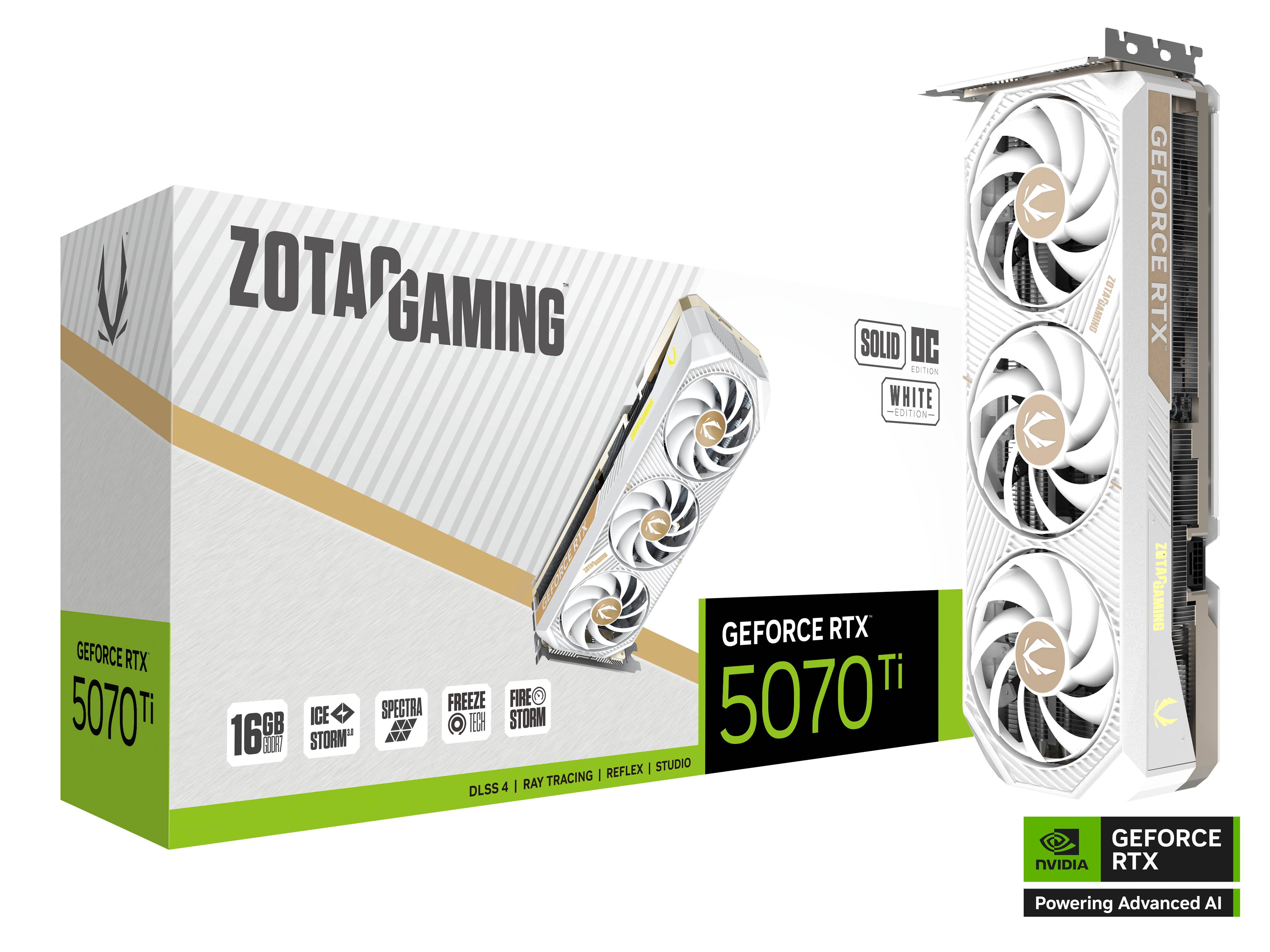 ვიდეო ბარათი Zotac SOLID CORE White OC 16Gb GeForce RTX 5070 Ti (ZT-B50710Q2-10P) PCI-E 5.0, core - 2295 MHz, Boost - 2482MHz, 16 GB of GDDR7 28000 memoryMHz, 256 bit, HDMI, 3xDisplayPort, backlight, length 304 mm, Retail