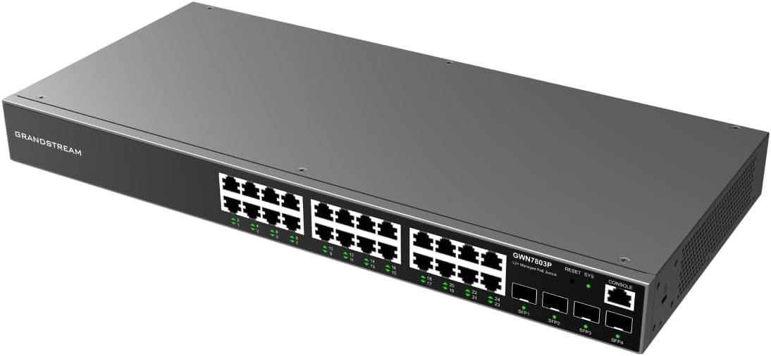 სვიჩი Grandstream GWN7803P | Enterprise Layer 2+ Managed Switch | 24-ports Gigabit Ethernet | PoE/PoE+ (370W) | 4-SFP