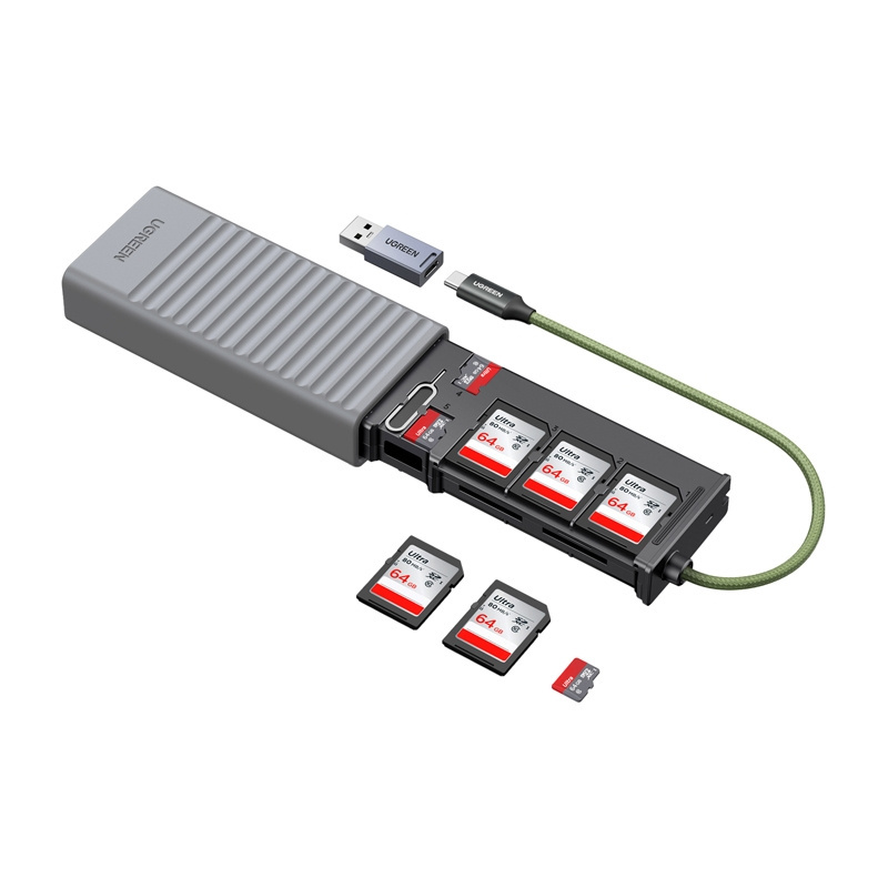 ბარათის წამკითხველი ქეისი UGREEN CM856 (55899), Multi-function Card Reader Case, Grey | Input connector type: USB-C male, USB-A male (with OTG adapter) | Supported card types: SD, SDHC, SDXC, microSD, microSDHC, microSDXC (UHS-I/UHS-II) Supported card capacity: up to 4 TB