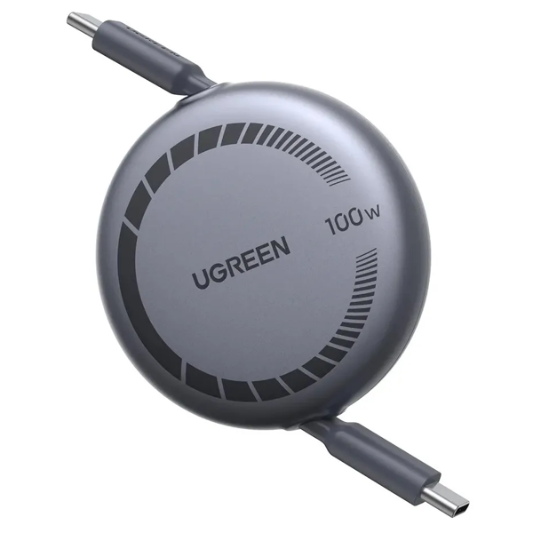 USB კაბელი UGREEN L531 (65905), 100W, Type-C to Type-C PD Fast Charging Retractable Cable, 1m, Grey/Black
