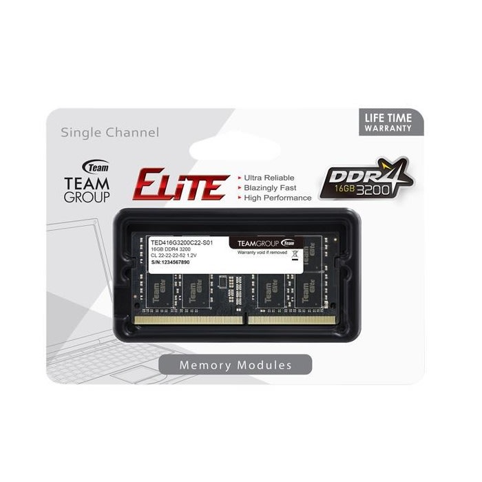 ნოუთბუქის ოპერატიული მეხსიერება TEAMGROUP SODIMM 16GB ELITE DDR4 LAPTOP MEMORY 16GB(1x16GB) 3200MHz CL22 (TED416G3200C22-S01)