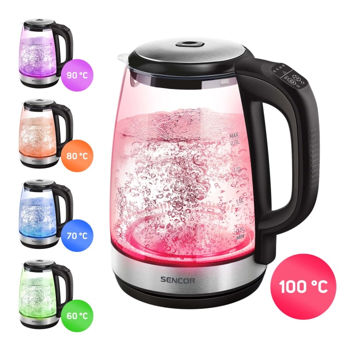 ელექტრო ჩაიდანი  Sencor SWK 2090BK Electric Kettle, Volume 2.0L, 50-100 °C, Power Input: 2200 W, Central 360°,Glass, Black Line