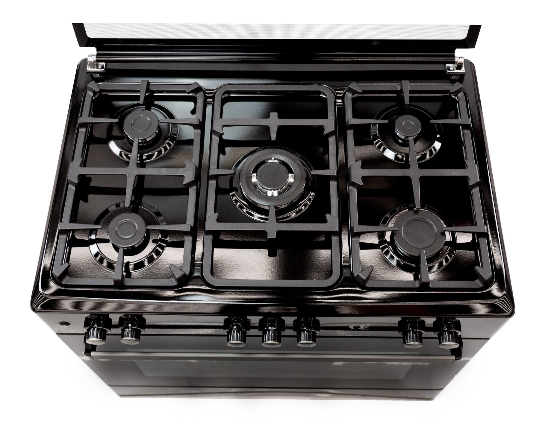 გაზქურა  Oz OE 9050 BL / OBig90X60B5E Coocker, 5Gas, Wok, Oven-Electric, 7Function, Turnspit, Cast Iron,90x60x85, Black, Top glass