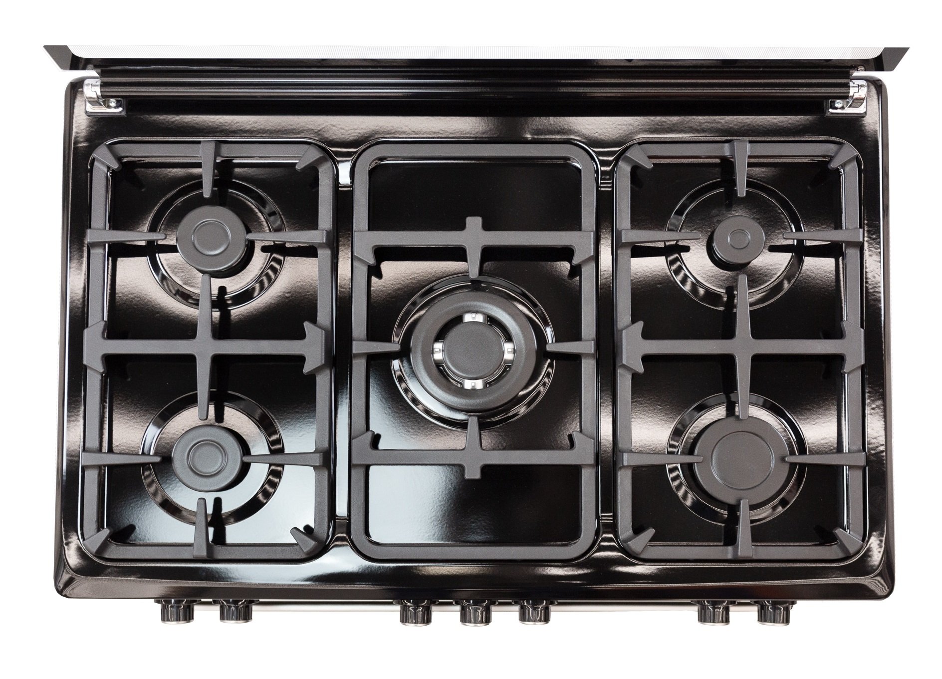 გაზქურა  Oz OE 9050 BL / OBig90X60B5E Coocker, 5Gas, Wok, Oven-Electric, 7Function, Turnspit, Cast Iron,90x60x85, Black, Top glass