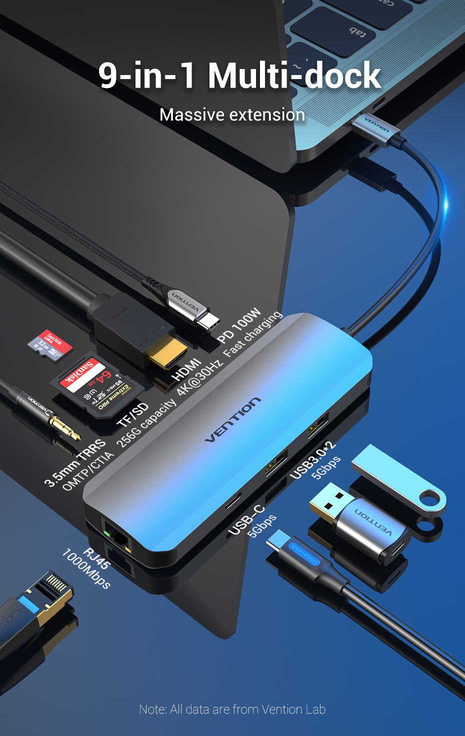 Type-C დოკ სადგური Docking Station Vention  Model/Item-NO:  <TOMHB > Multi-function USB-C to HDMI/USB-C Gen 1/USB3.0x2/RJ45/SD/TF/TRRS 3.5mm/PD Dockin