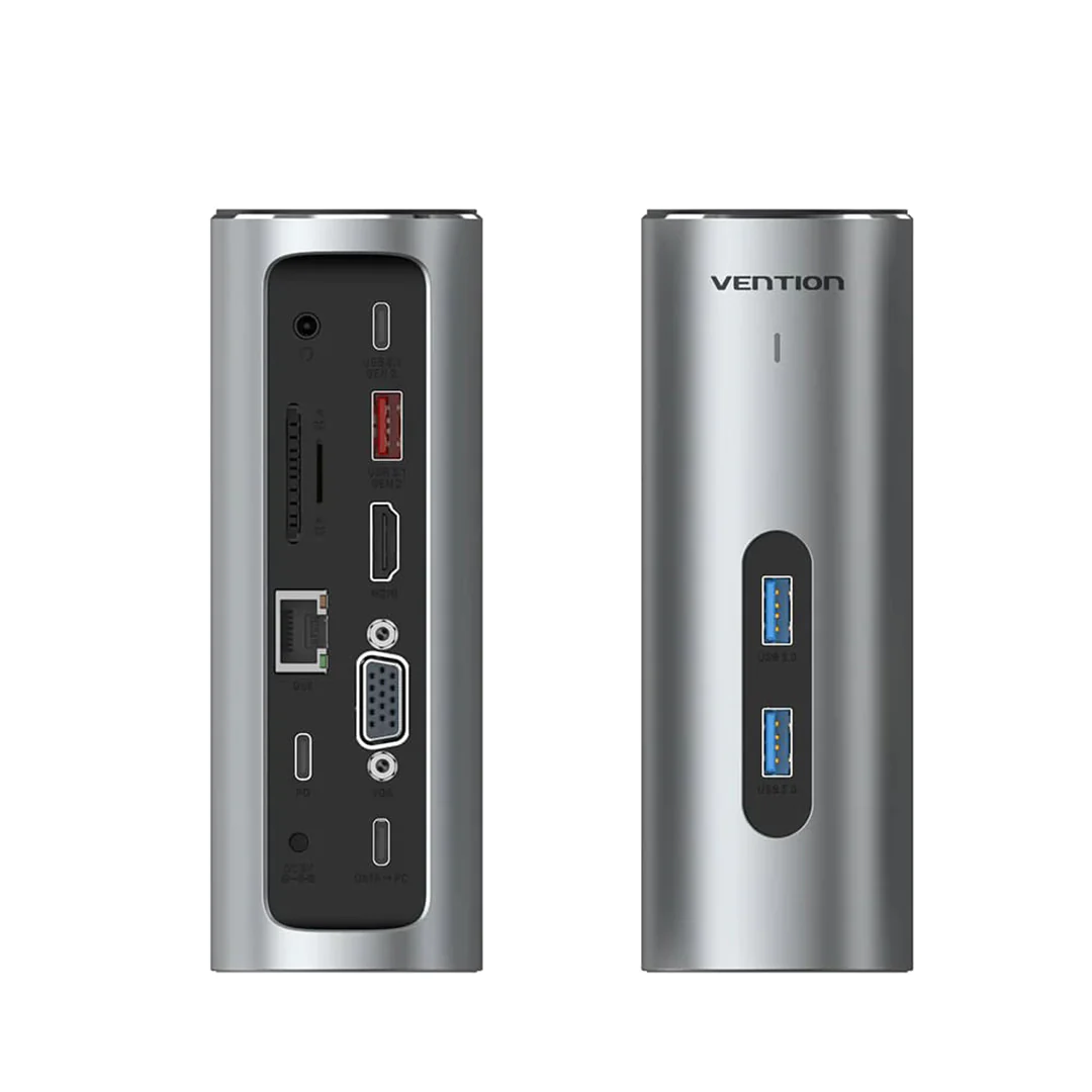 Type-C დოკ სადგური Docking Station Vention  Model/Item-NO:  <TPJH0-EU >USB-C to HDMI/VGA/USB 3.1 Gen 2/USB 3.1 Gen 2-C/USB 3.0x2/RJ45/SD/TF/TRRS 3.5mm