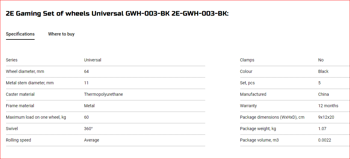Set of wheels 2E GAMING UNIVERSAL 64 mm (5 pcs.) Black