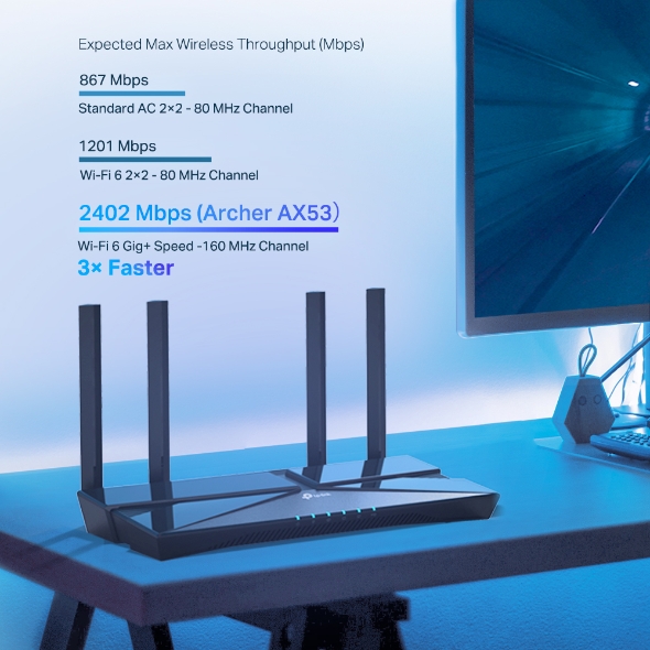 WiFi როუტერი TP-Link Archer AX53 Wi-Fi router, 2.4/5 GHz, Wi-Fi standard: Wi-Fi 6, maximum speed: 2976 Mbps, 4xLAN 1000 Mbps
