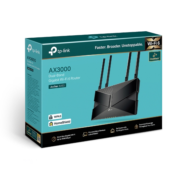 WiFi როუტერი TP-Link Archer AX53 Wi-Fi router, 2.4/5 GHz, Wi-Fi standard: Wi-Fi 6, maximum speed: 2976 Mbps, 4xLAN 1000 Mbps