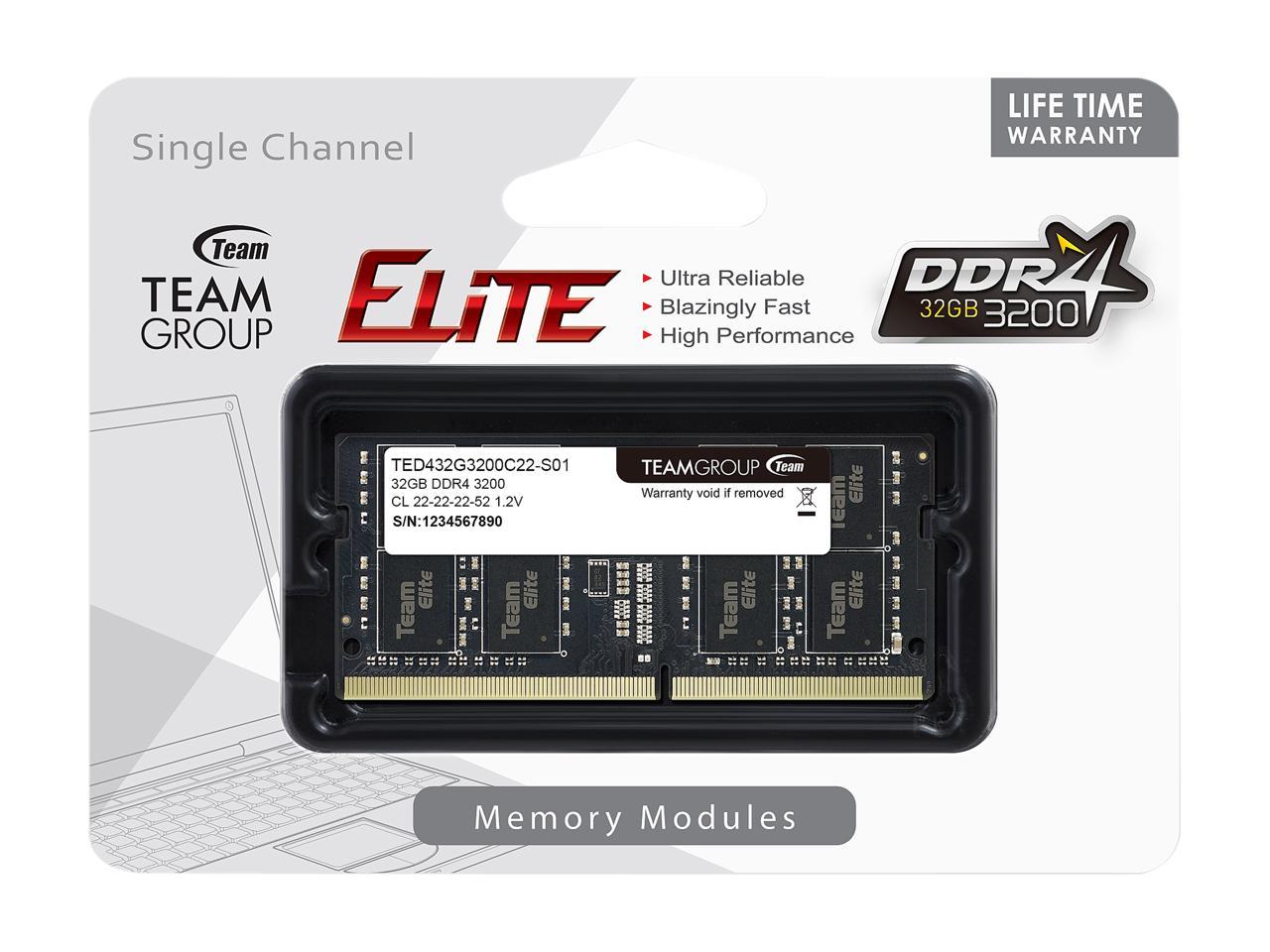 ნოუთბუქის ოპერატიული მეხსიერება TEAMGROUP SODIMM 32GB DDR4 ELITE DDR4 LAPTOP MEMORY 32GB(1x32GB) 3200MHz CL22 1.2V (TED432G3200C22-S01)