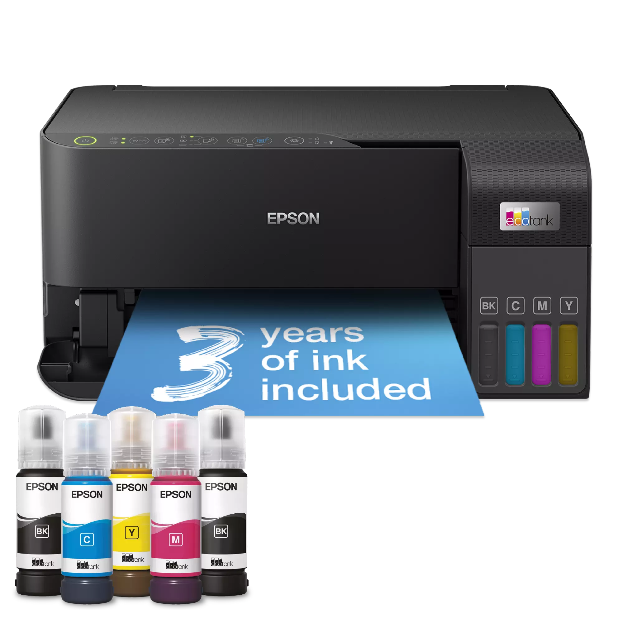 პრინტერი Epson C11CK59404 EcoTank L3550, MFP Print, Scan, Copy; Paper Size: A4, Print Speed (Black/Color): 33ppm (15ipm ISO) / 20ppm (8ipm ISO), Print Resolution: 4800 x 1200 dpi; Scaning Resolution: 1200 x 2400 dpi, 48-bit; Media Weight: 64~300 g/m², Paper Tray (Input/Output): 100/30 pages, Borderless Printing (10x15cm), Connectivity: USB 2.0, Wi-Fi 802.11b/g/n, Wi-Fi Direct, Apple AirPrint, Epson Smart Panel, Epson Connect, Mopria Print Service; Power Consumption: 12W, 220-240V (50/60Hz), European Power Cord; 103 Ink Bottles (Included): 2 x 65ml Black (6,600 pages), 3 x 65ml Color (5,900 pages), USB Cable Not Included, Warranty: 2 years or 50,000 prints