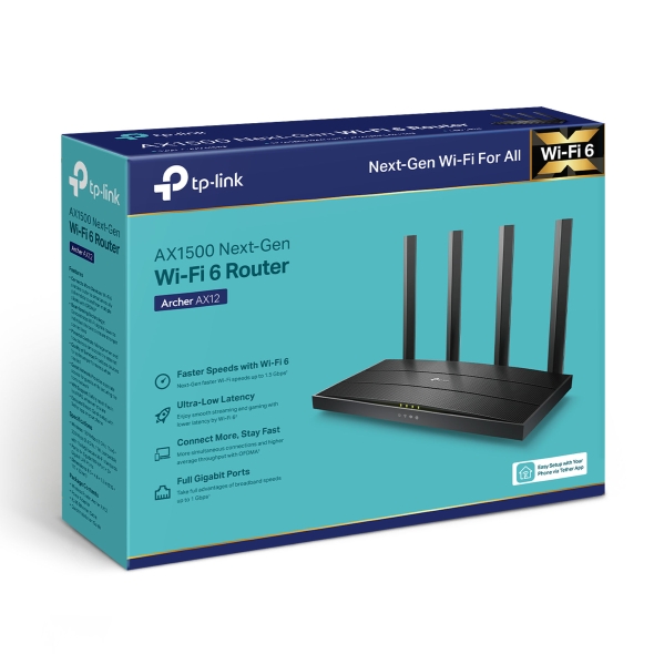 WiFi როუტერი Archer AX12, TP-Link, AX1500 Gigabit Wi-Fi 6 Router Dual-Band
