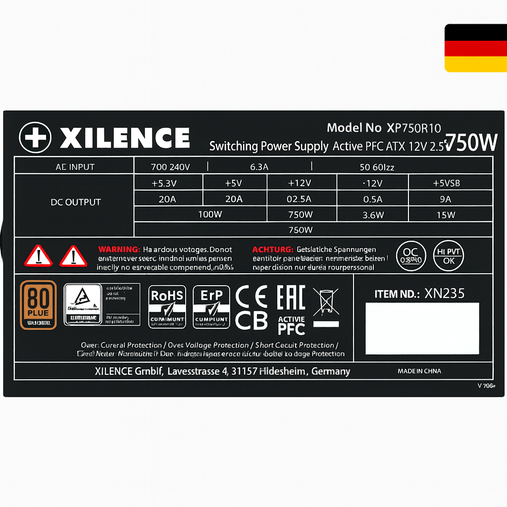 კომპიუტერის კვების ბლოკი Xilence XN235 | XP750R10 | Gaming Bronze Series | XP750R10  PC power supply 750W | Version 2.4v | 80PLUS certification 80+ Bronze, PFC  active | Fan size (mm) 120 |  (20+4-pin), P4+4(psu)x2,  PCI-E 6+2-pin (GPU)x3, SATA 15-pin (HDD, Drives)x8, PATA 4-pin x3 | 2YrW