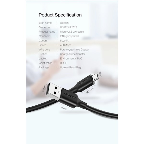 USB კაბელი UGREEN  60136 USB 2.0 A to Micro USB Cable Nickel Plating 1m (Black)