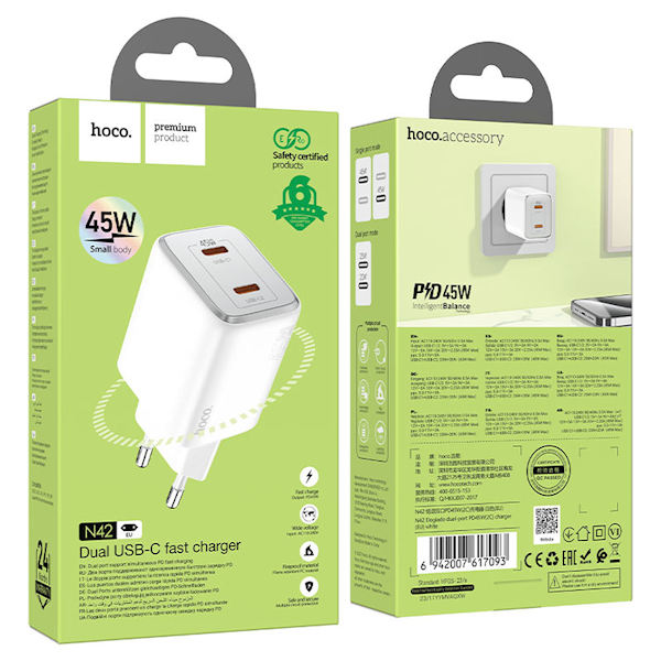 Wall Charger/ Hoco N42 Elogiado dual-port PD45W (2C) charger white