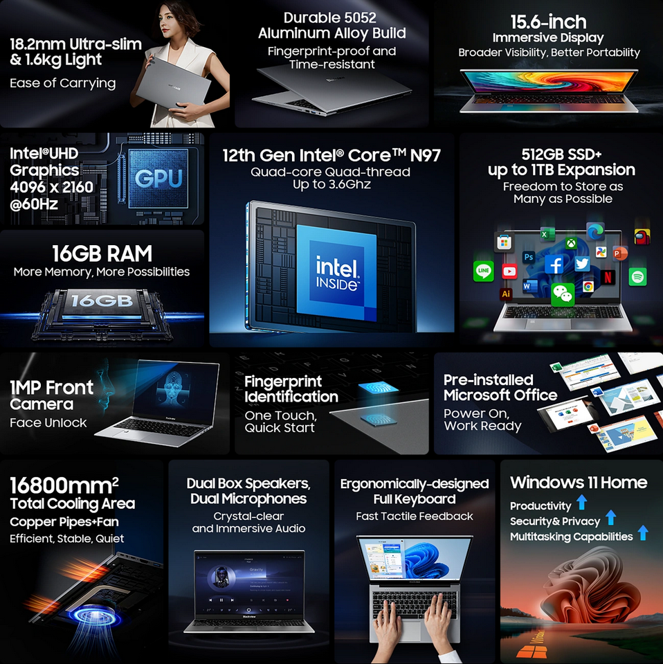 ნოუთბუქი Blackview AceBook 8 | 15.6", IPS 1980x1080, 300Nits, 60Hz | 12th Gen Intel® Core™ N97 3.60GHz 4Cores | 16GB DDR4 | 512 GB SSD | 38Wh, 1.6KG, Gunmetal Grey , Windows 11 Home. 2YrW