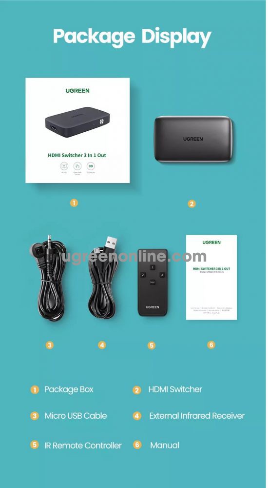 ადაპტერი UGREEN CM332 (80125), HDMI Switch 3 In 1 Out 4K HDMI Switcher With Remote Control, Black  Ugreen 80125 4K@30HZ 3 in 1 out HDMI Switcher support 4k 1080p Cm332