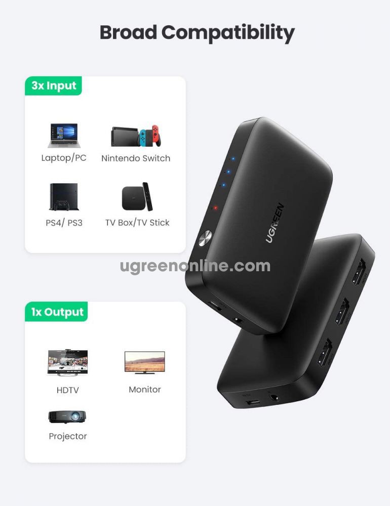 ადაპტერი UGREEN CM332 (80125), HDMI Switch 3 In 1 Out 4K HDMI Switcher With Remote Control, Black  Ugreen 80125 4K@30HZ 3 in 1 out HDMI Switcher support 4k 1080p Cm332