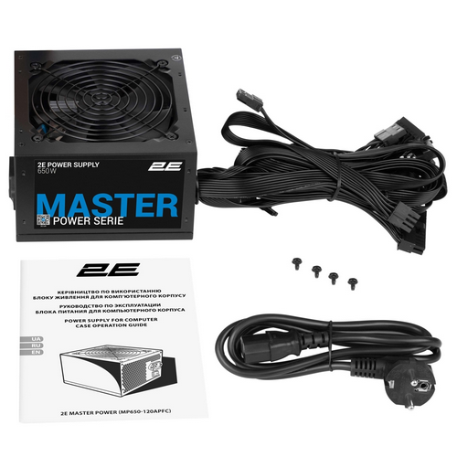 კვების ბლოკი 2E PSU Master Power  (650W), >80%, 80+ White, 120mm, 1xMB 24pin(20+4), 1xCPU 8pin(4+4), 3xMolex, 5xSATA, 2xPCIe 8pin(6+2) (2E-MP650-120APFC)