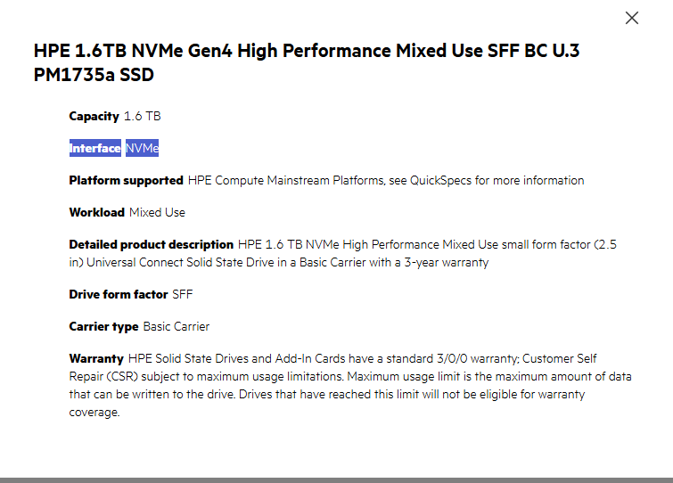 SSD დისკი HPE 1.6TB NVME MU SFF BC U.3 PM1735A SSD (P50227-B21) | Hot-Swap Basic Carrier (BC)  | High Performance (HP) | Generation	NVMe BC SSD