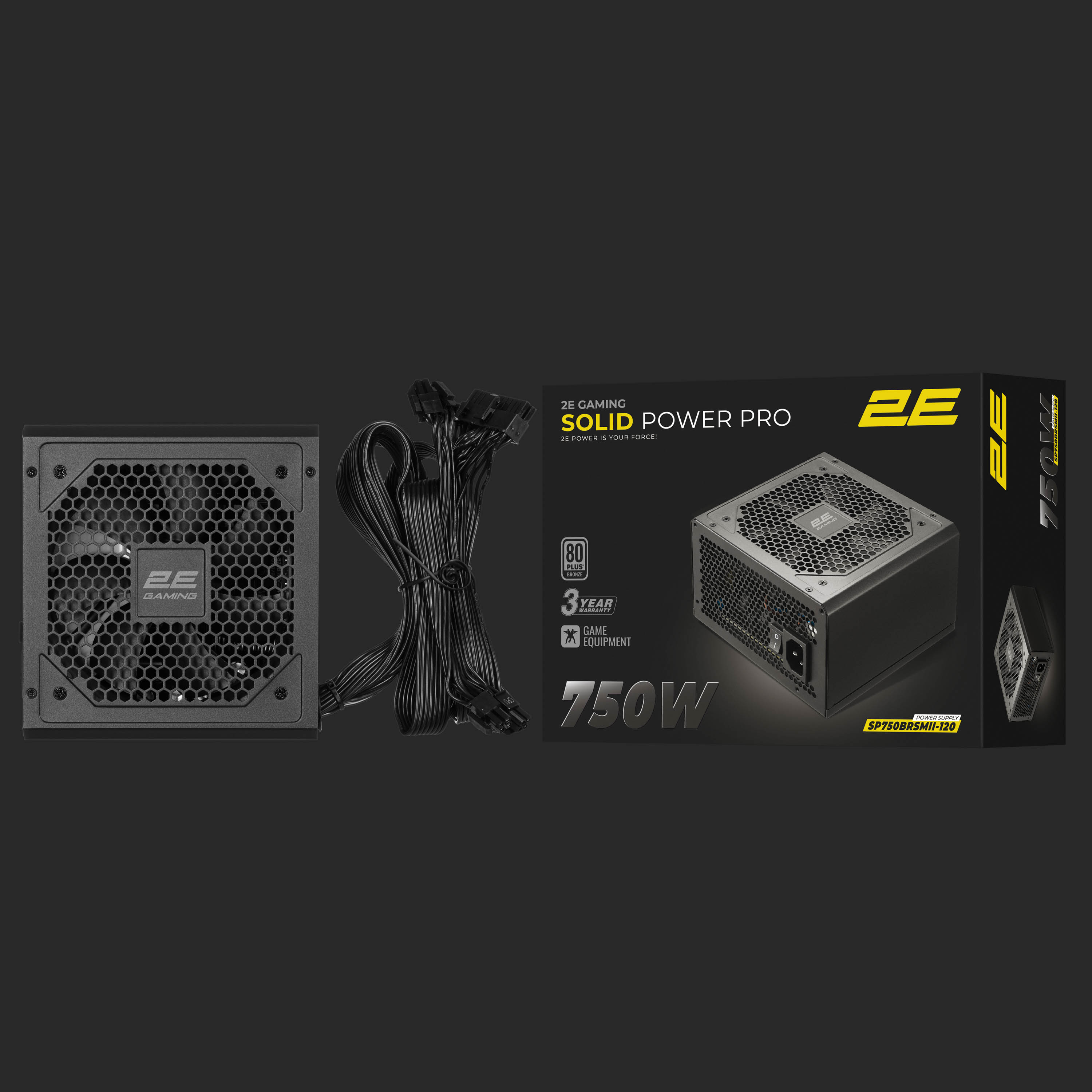 კვების ბლოკი 2E GAMING PSU Solid Power Pro (750W), >85%, 80+ Bronze, 120mm, 1xMB 24pin(20+4), 2xCPU 8pin(4+4), 3xMolex, 6xSATA, 4xPCIe 8pin(6+2), 1x12VHPWR, Semi Modular