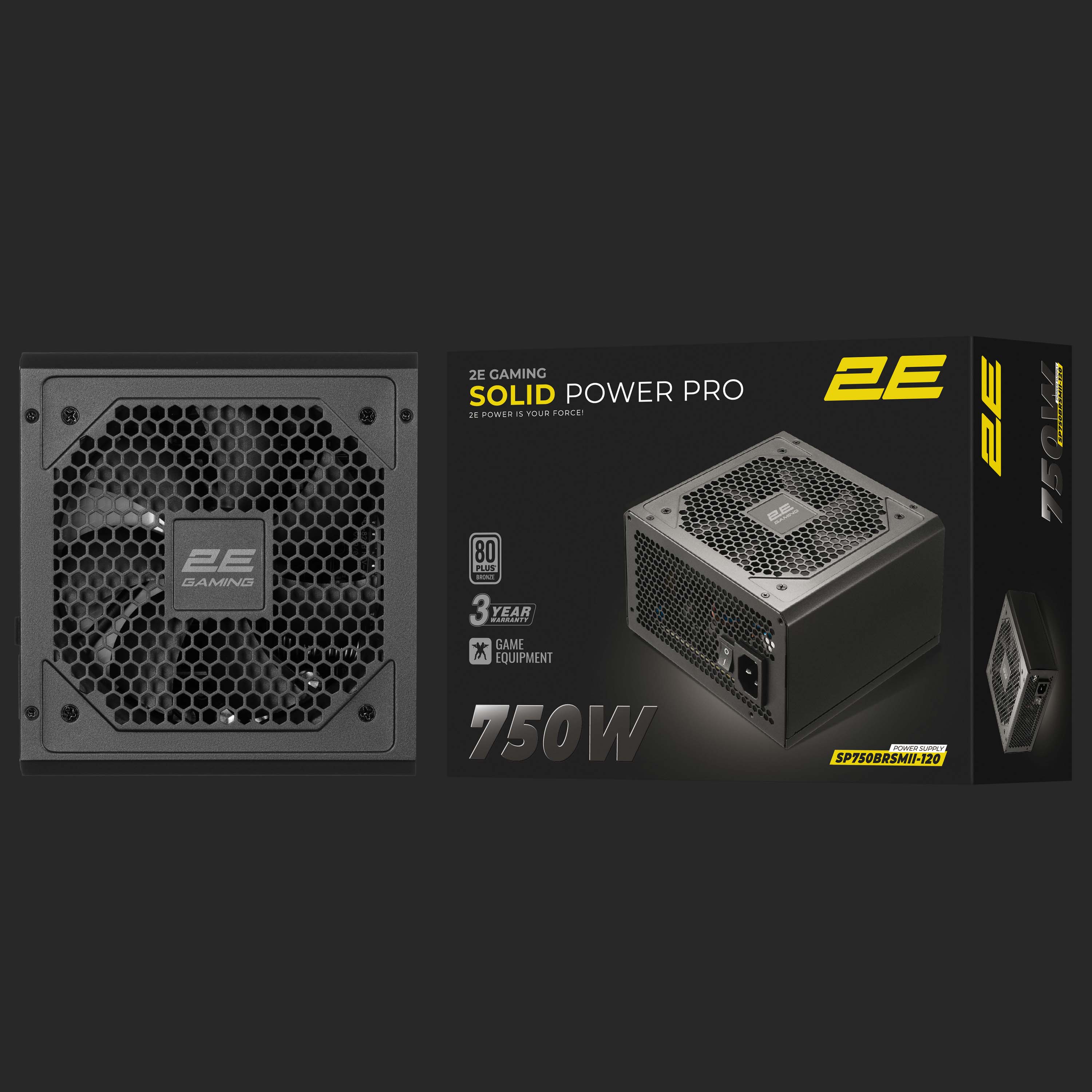 კვების ბლოკი 2E GAMING PSU Solid Power Pro (750W), >85%, 80+ Bronze, 120mm, 1xMB 24pin(20+4), 2xCPU 8pin(4+4), 3xMolex, 6xSATA, 4xPCIe 8pin(6+2), 1x12VHPWR, Semi Modular