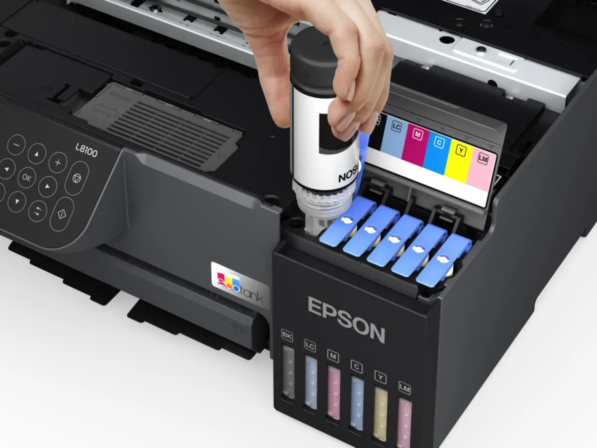 ფოტო პრინტერი Epson C11CK94401 EcoTank L8100 | 6-colour, fast, A4 3-in-1 printer | 22 pages/min Monochrome (plain paper 75 g/m²), 22 pages/min Colour (plain paper 75 g/m²) | Borderless Print, CD/DVD print | Wireless LAN IEEE 802.11a/b/g/n, Wi-Fi Direct  | ink 108 | Black 
