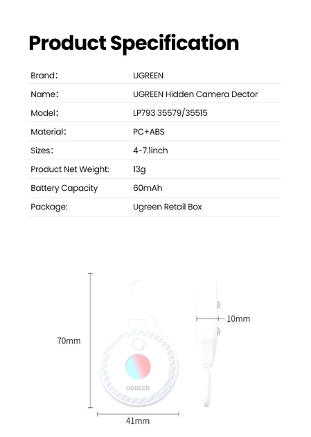 დამალული ინფრაწითელი კამერის დეტექტორი UGREEN LP793 (35579), Hidden Infrared Camera Detector, Black (Security Protection Hotel Pinhole Lens Detect Gadget Anti-Peeping Candid Detector)