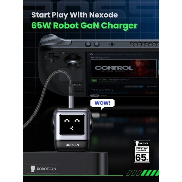 მობილურის დამტენი UGREEN 25685B Nexode RG, 65W, USB, USB Type-C, Black/Grey