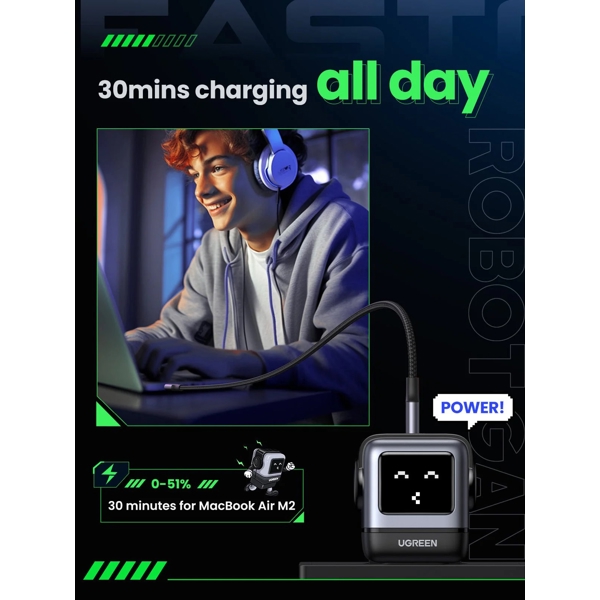 მობილურის დამტენი UGREEN 25685B Nexode RG, 65W, USB, USB Type-C, Black/Grey