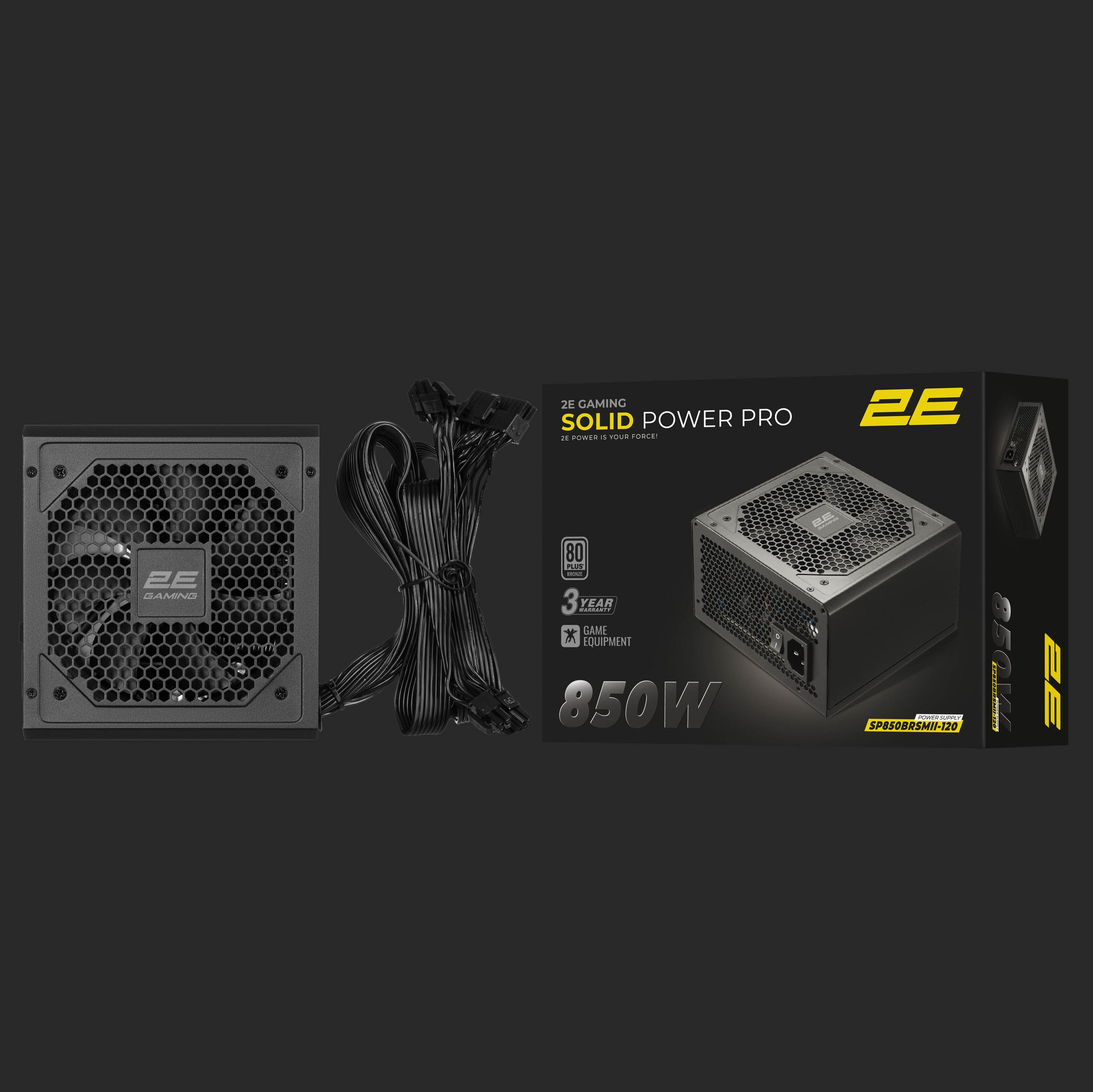 2E GAMING PSU Solid Power Pro (850W), >85%, 80+ Bronze, 120mm, 1xMB 24pin(20+4), 2xCPU 8pin(4+4), 3xMolex, 6xSATA, 4xPCIe 8pin(6+2), 1x12VHPWR, Semi Modular
