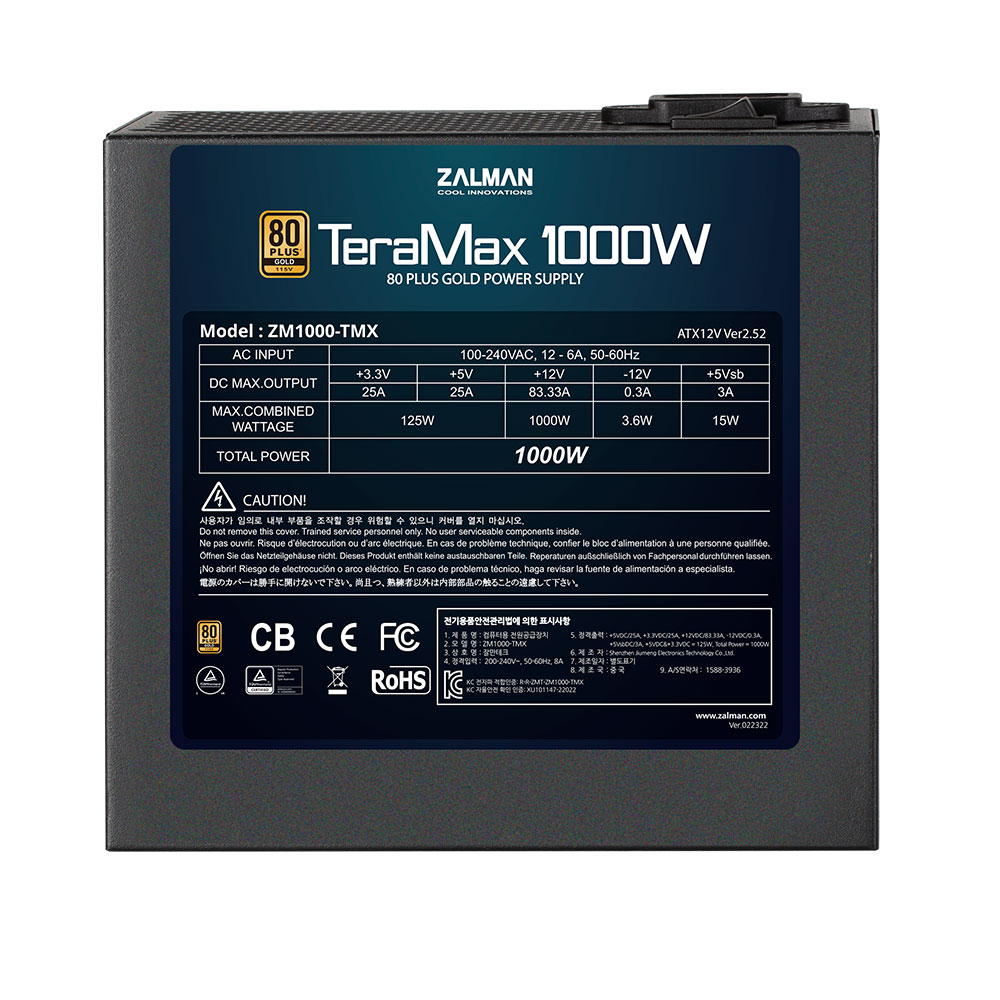 კვების ბლოკი PSU Zalman TERAMAX (1200W) (ZM1200-TMX) >90%, 80+ Gold, 120mm, 1xMB 24pin(20+4)+10pin, 2xCPU 8pin(4+4), 3xMolex, 12xSATA, 6xPCIe 8pin(6+2), Fully Modular