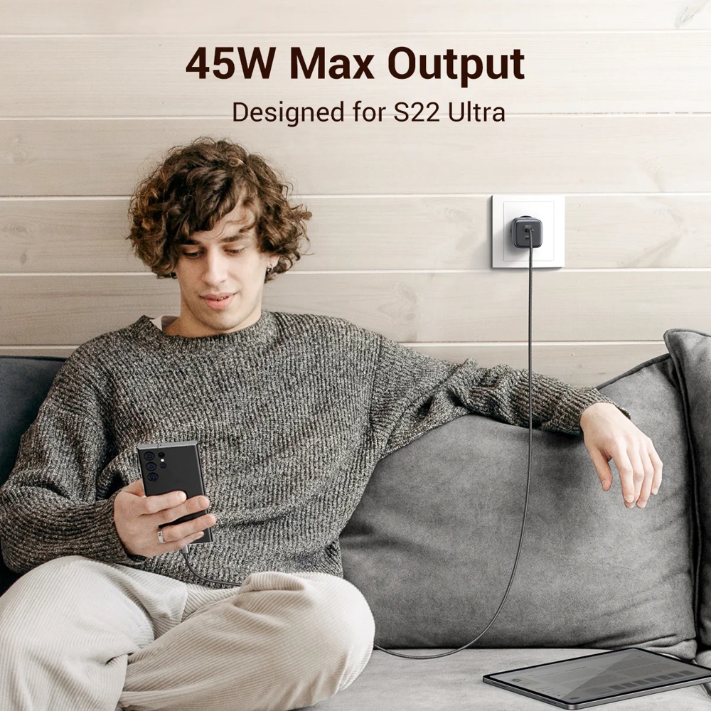 დამტენი UGREEN CD294 (90573) Nexode, 45W, USB-C, Gray | 248 გ | 25 x 12 x 4 სმ | USB C1 + C2 20W / 25W USB C2 + C1 25W / 20W