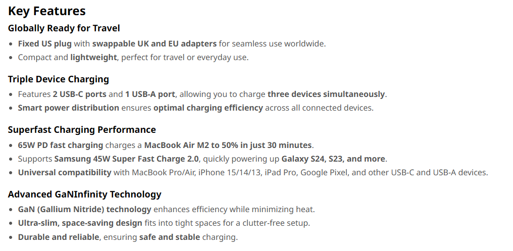 მობილურის დამტენი UGREEN X753 (25356) Nexode Pro, 65W, USB, Type-C, Ultra Slim Travel Adapter, Grey