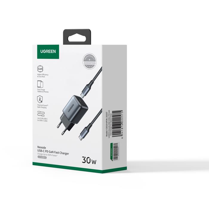 დამტენი კაბელით UGREEN CD319 (25257) Nexode, 30W, Type-C with Type-c Cable 1m, GaN Fast Charger, Gray